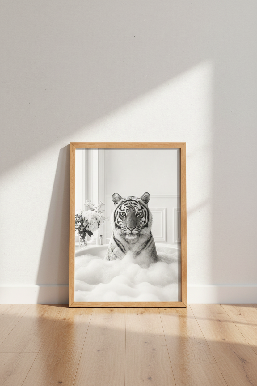 Tiger in Bathtub Wall Art Print | Black and White Bathroom Decor | Quirky Poster