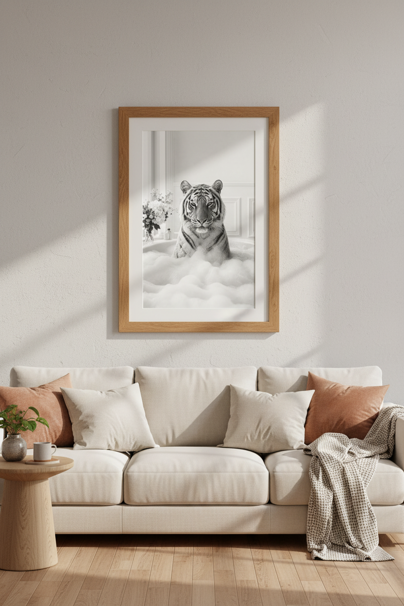 Tiger in Bathtub Wall Art Print | Black and White Bathroom Decor | Quirky Poster