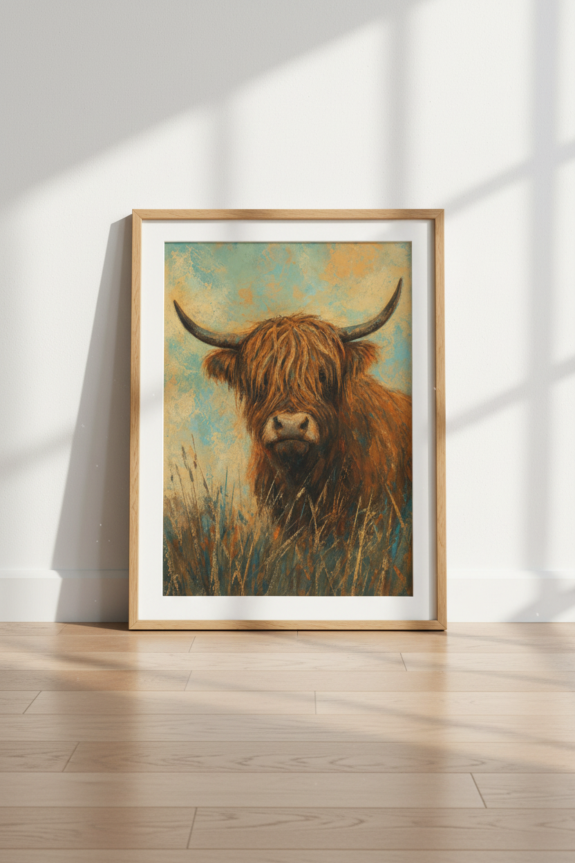Highland Cow Wall Art | Rustic Farmhouse Decor | Teal &amp; Gold Canvas Style Poster