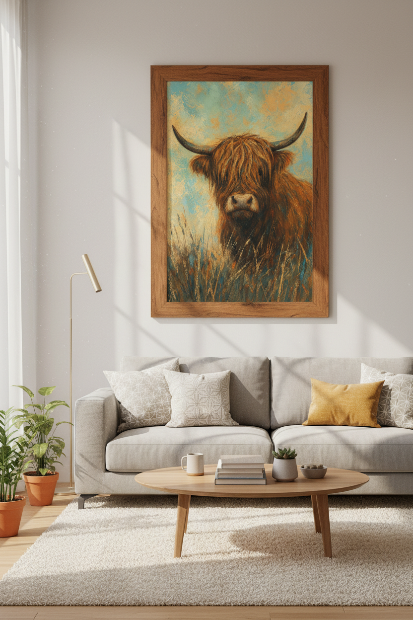 Highland Cow Wall Art | Rustic Farmhouse Decor | Teal &amp; Gold Canvas Style Poster