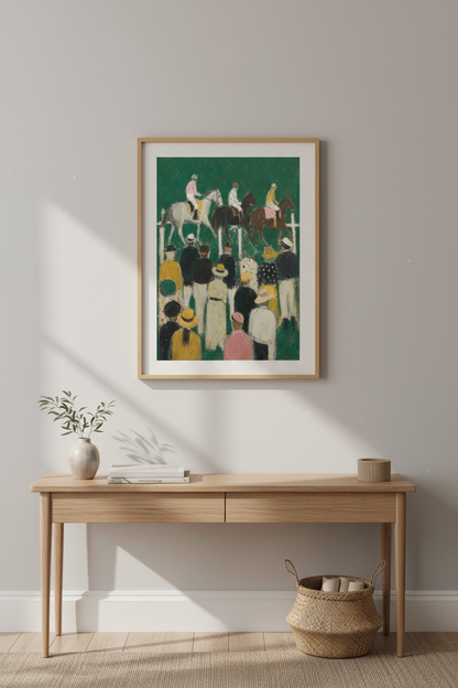 Horse Racing Print | Impressionist Green Textured Wall Art, Living Room Decor