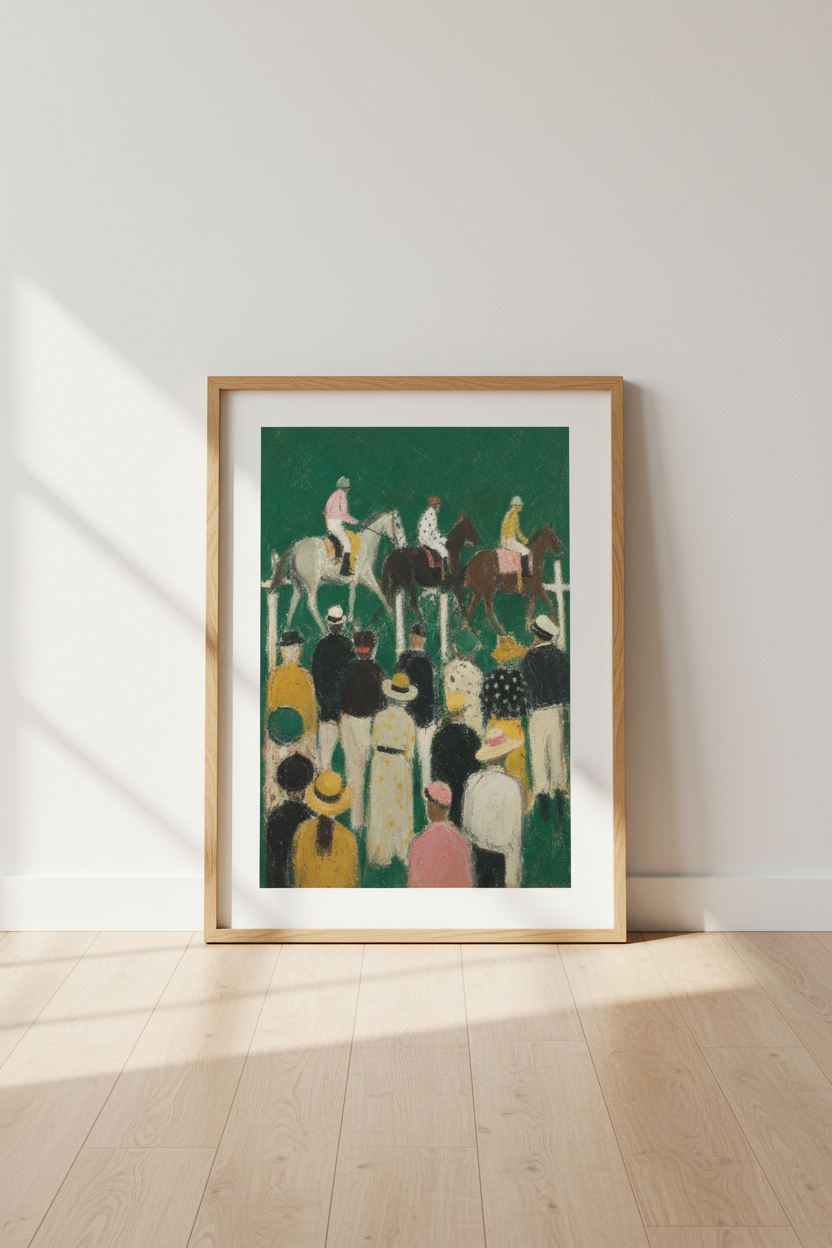 Horse Racing Print | Impressionist Green Textured Wall Art, Living Room Decor