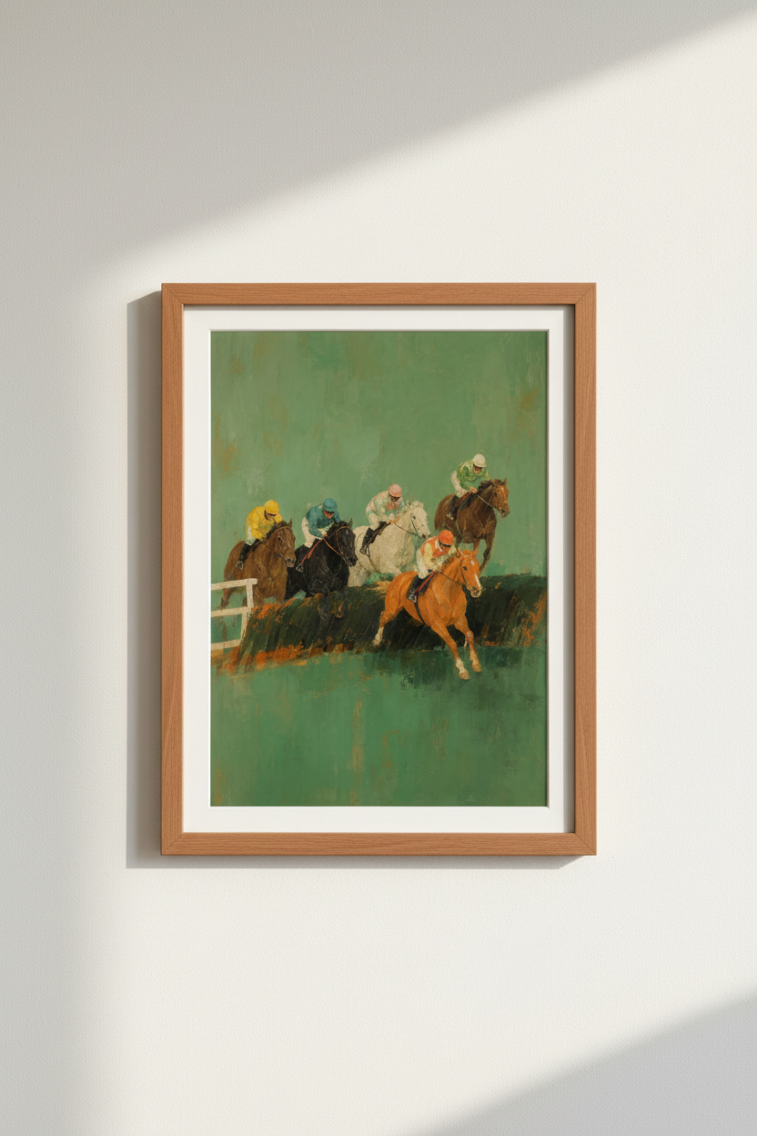 Horse racing art | Impressionist palette, teal green backdrop | Living room decor