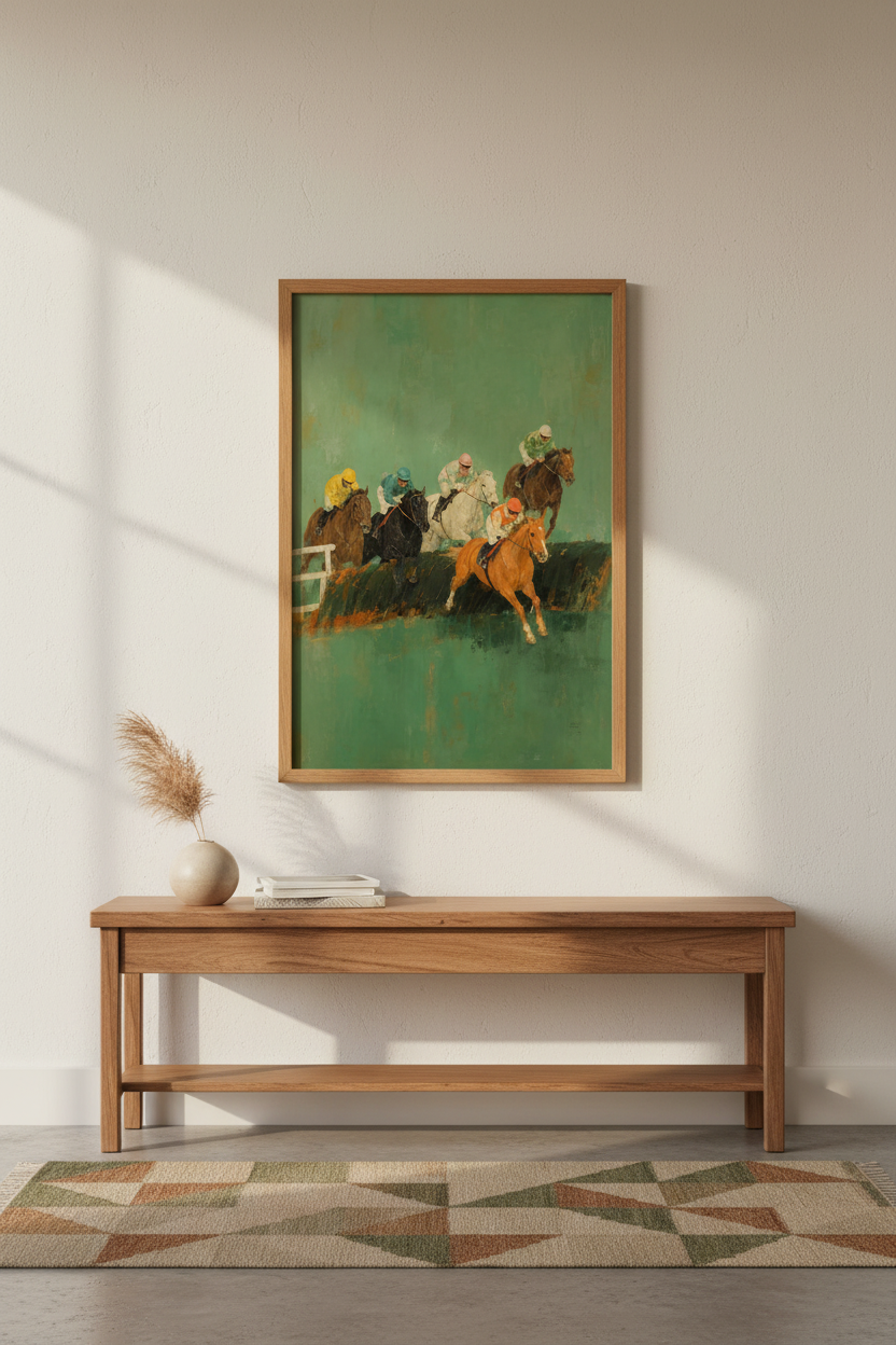 Horse racing art | Impressionist palette, teal green backdrop | Living room decor