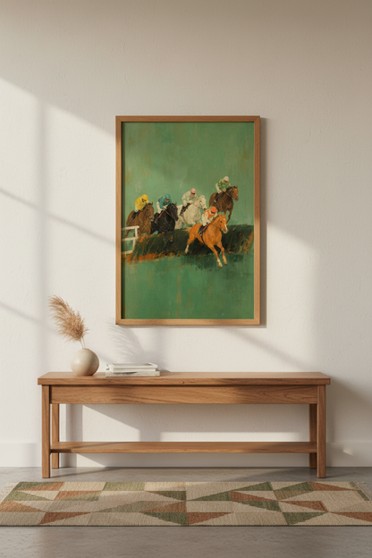 Horse racing art | Impressionist palette, teal green backdrop | Living room decor