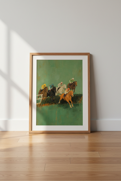 Horse racing art | Impressionist palette, teal green backdrop | Living room decor
