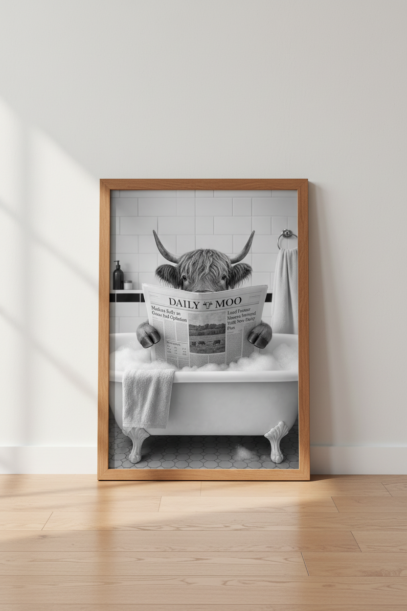 Highland Cow in Bathtub Wall Art | Funny Bathroom Print | Black and White Poster