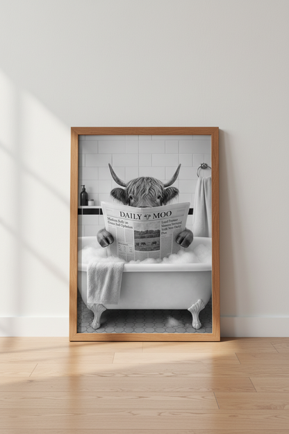 Highland Cow in Bathtub Wall Art | Funny Bathroom Print | Black and White Poster