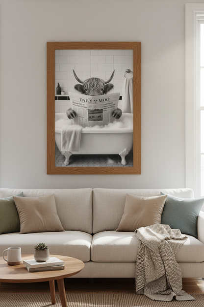 Highland Cow in Bathtub Wall Art | Funny Bathroom Print | Black and White Poster