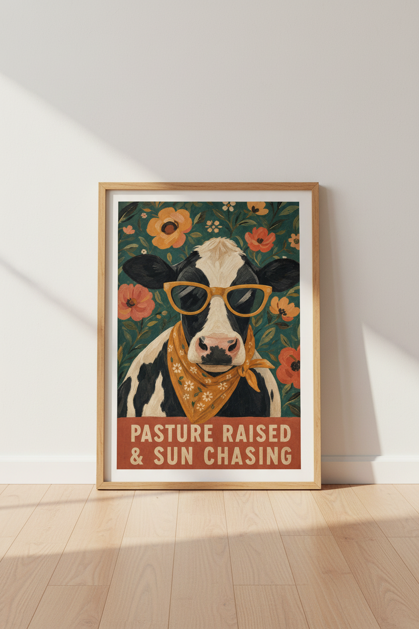 Fun Cow Wall Art Print | Farmhouse Floral Poster, Quirky Kitchen Decor