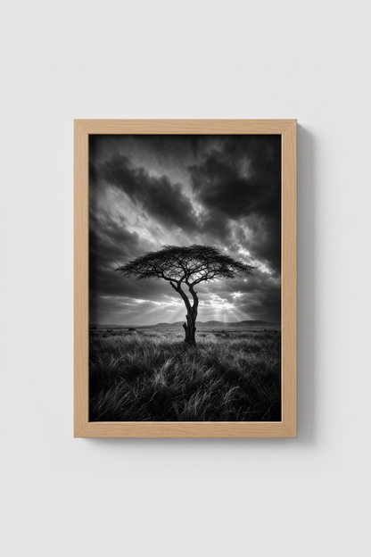 Black and White Nature Print | African Tree Landscape, Dramatic Minimalist Wall Art