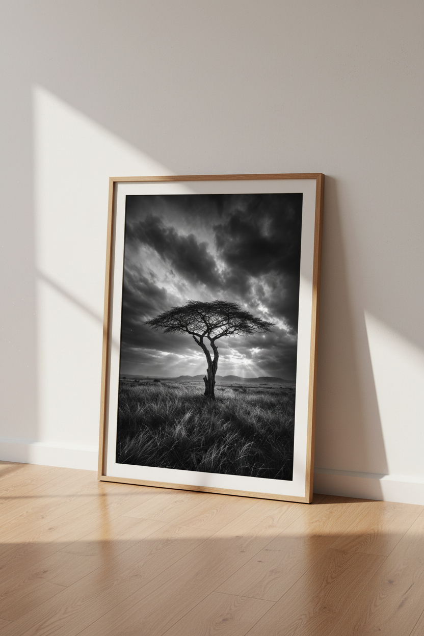 Black and White Nature Print | African Tree Landscape, Dramatic Minimalist Wall Art