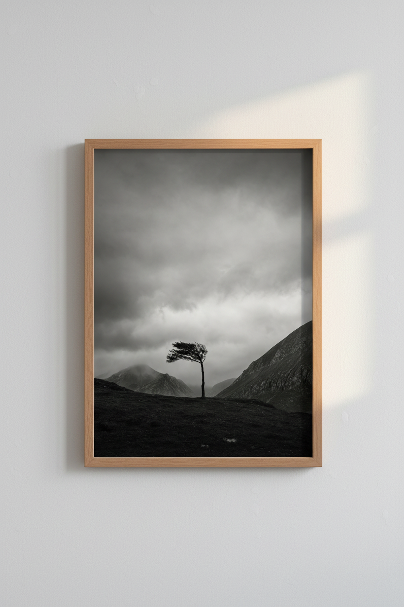 Moody Nature Wall Art | Black and White Mountain Tree Poster, Minimalist Landscape Print