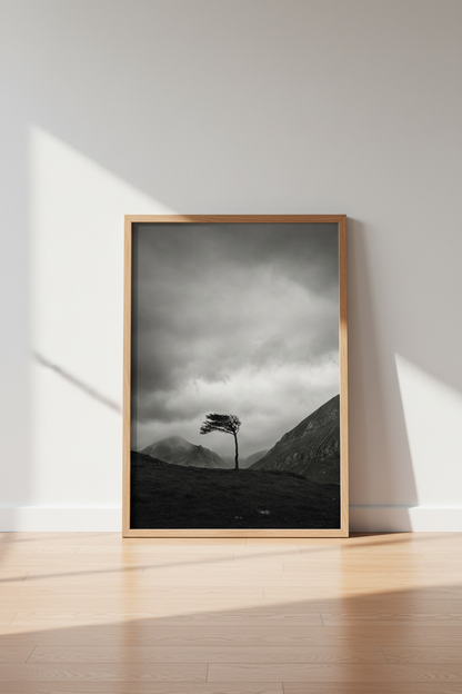 Moody Nature Wall Art | Black and White Mountain Tree Poster, Minimalist Landscape Print
