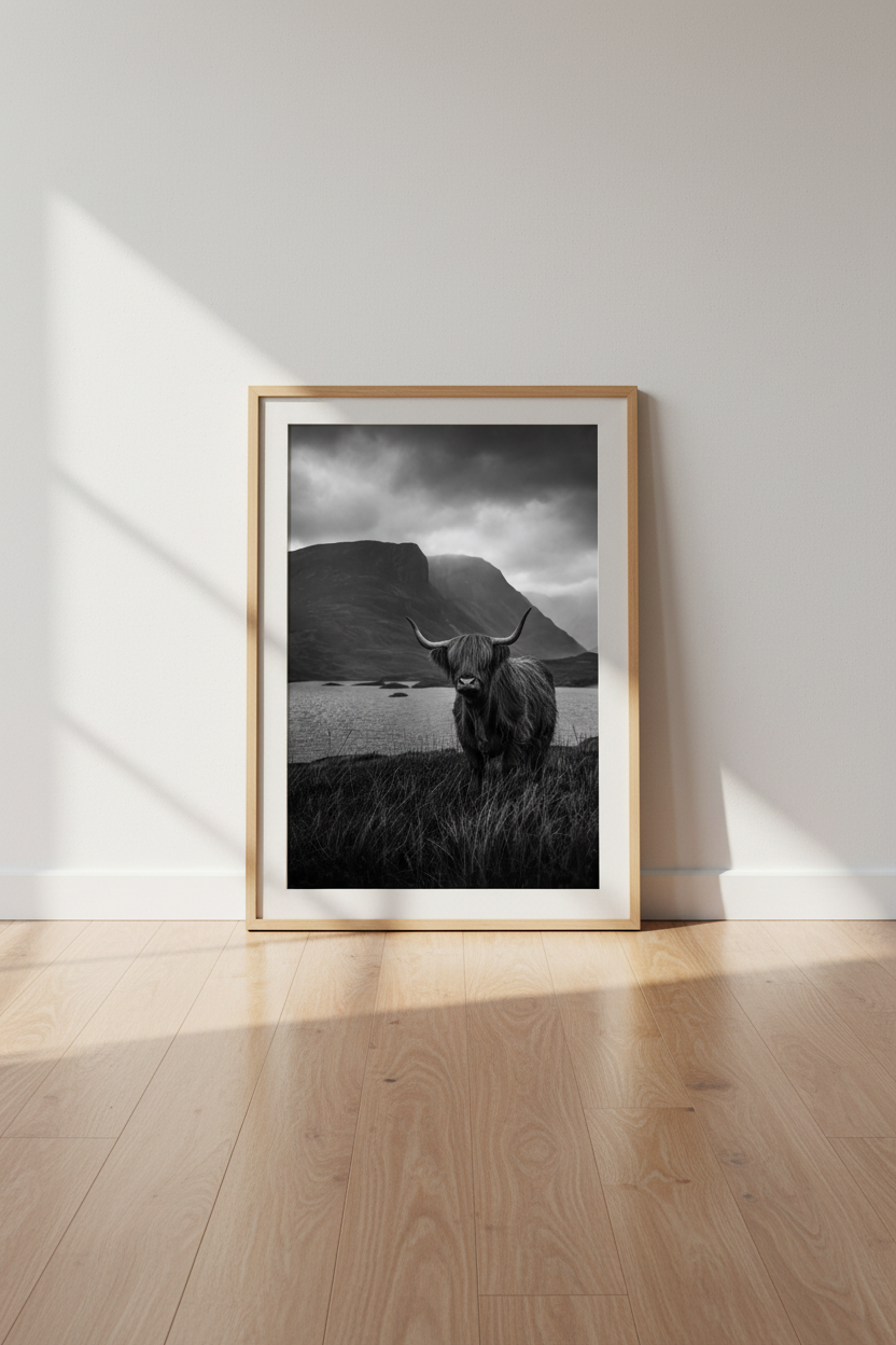 Highland Cow Art Print | Rustic Black and White Photography, Moody Farmhouse Decor