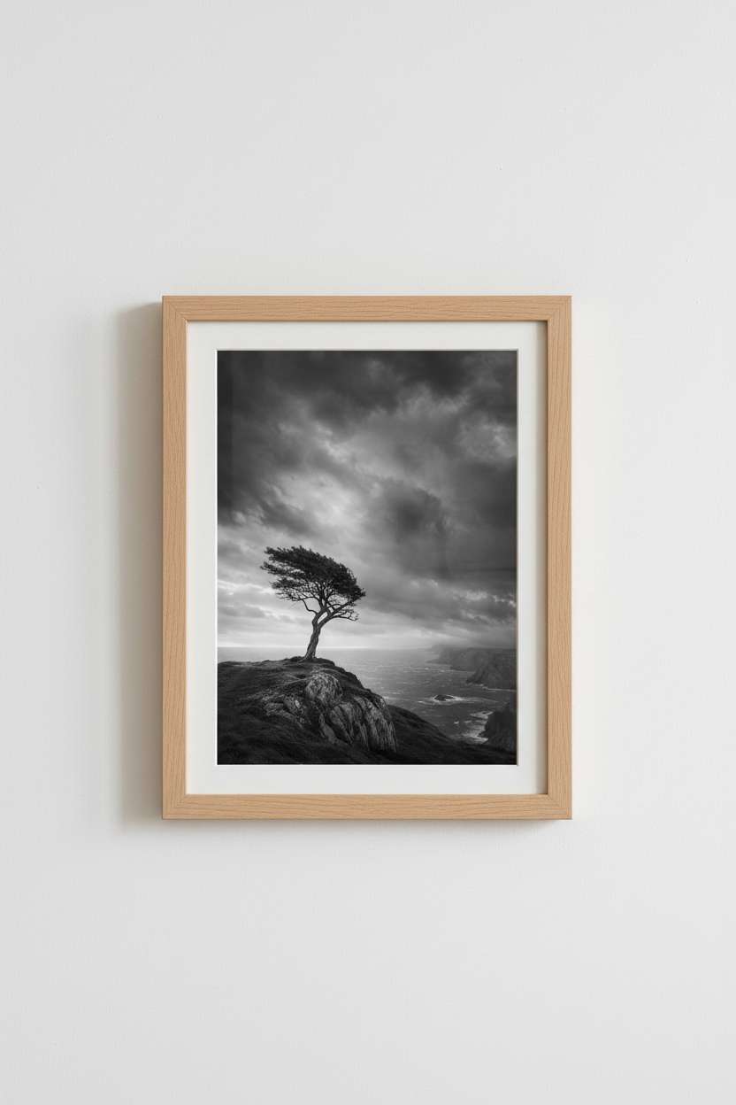 Dark Landscape Print | Moody Lone Tree, Black and White Coastal Wall Art