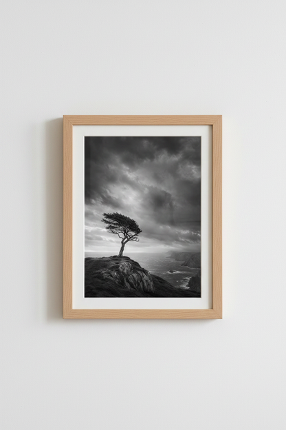 Dark Landscape Print | Moody Lone Tree, Black and White Coastal Wall Art