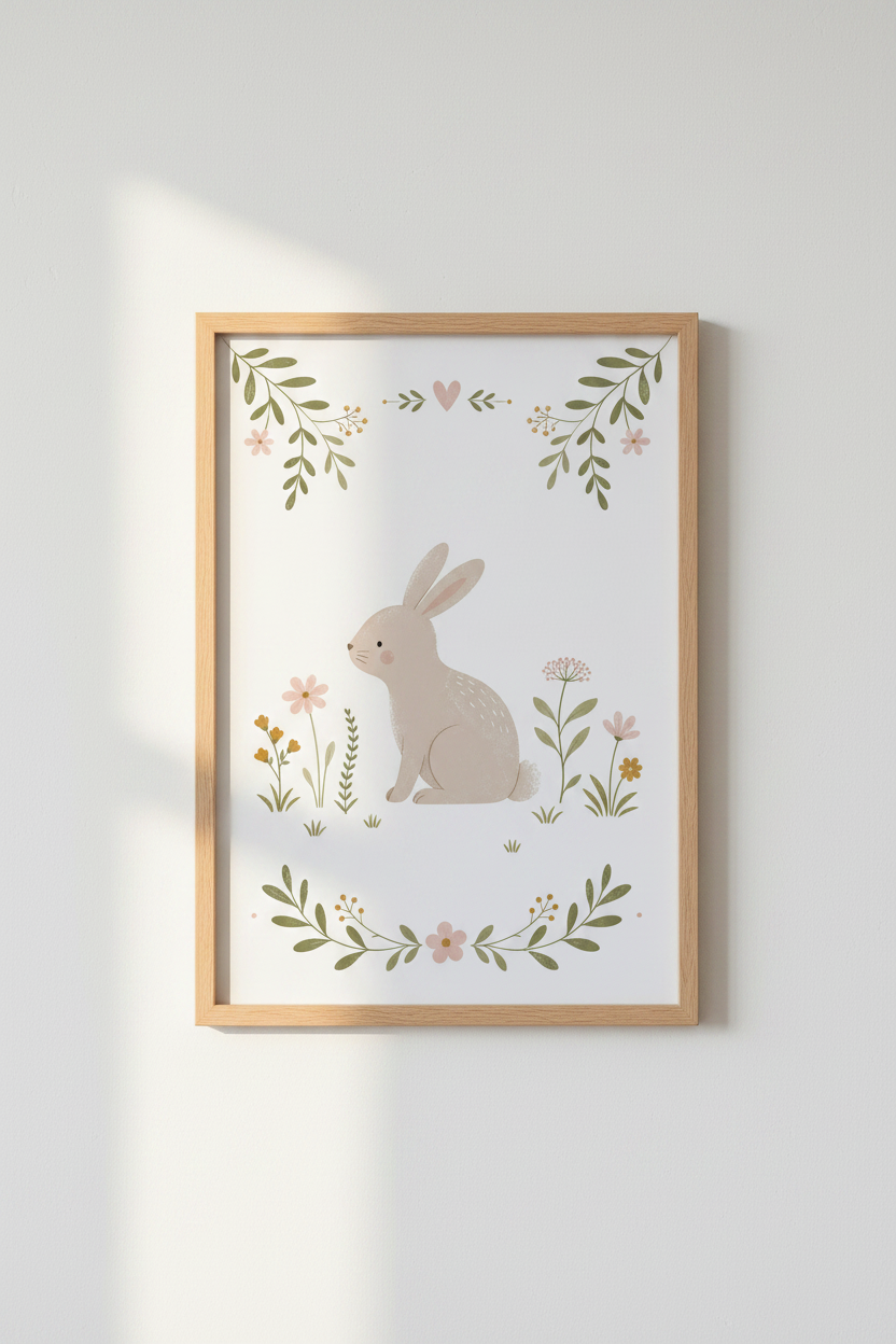 Bunny Rabbit Wall Art | Whimsical Floral Nursery Poster | Woodland Kids Decor