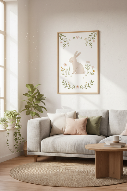 Bunny Rabbit Wall Art | Whimsical Floral Nursery Poster | Woodland Kids Decor