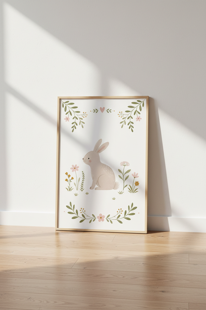 Bunny Rabbit Wall Art | Whimsical Floral Nursery Poster | Woodland Kids Decor