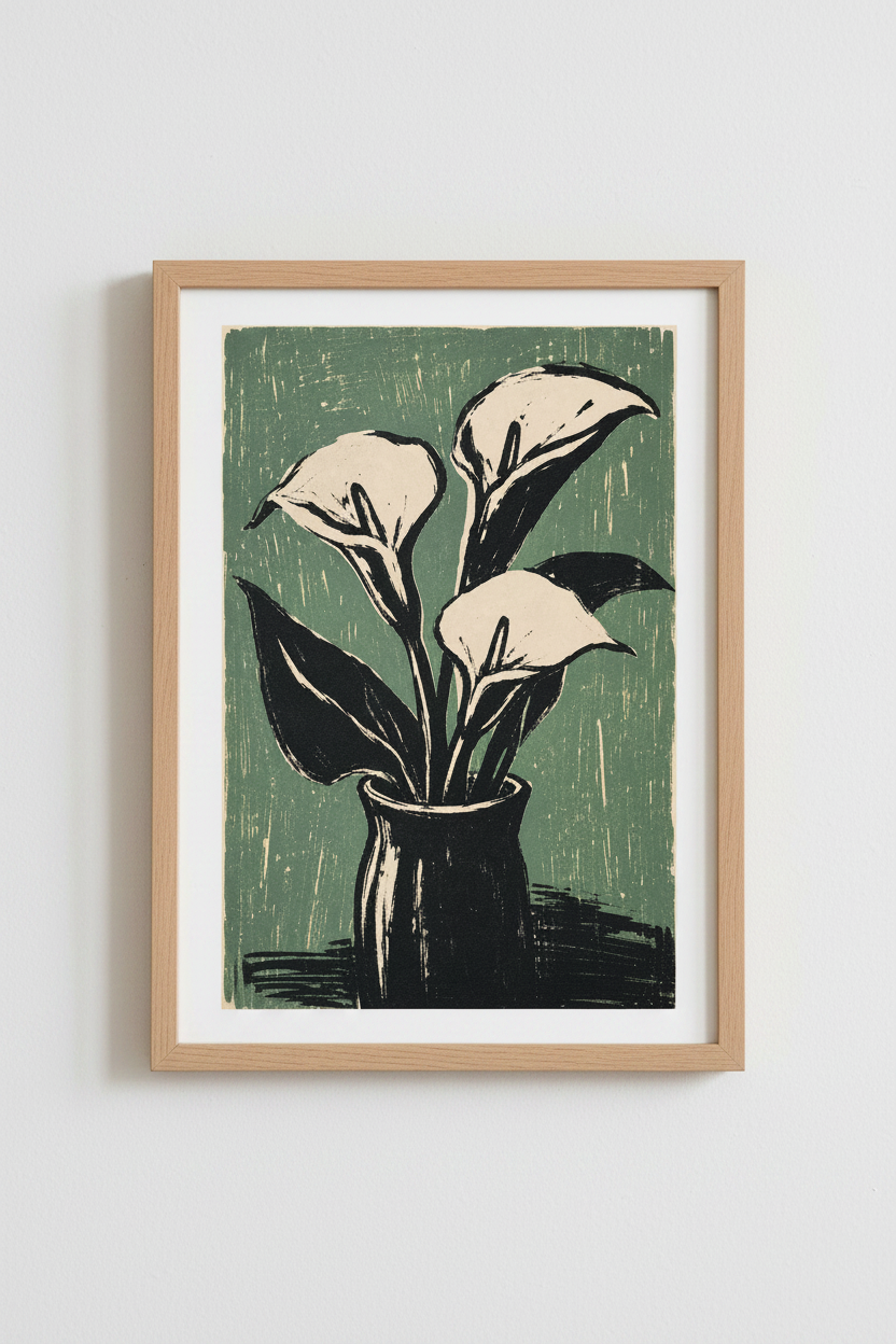 Calla Lily Wall Art | Linocut Botanical Print, Living Room Decor | Sage Poster