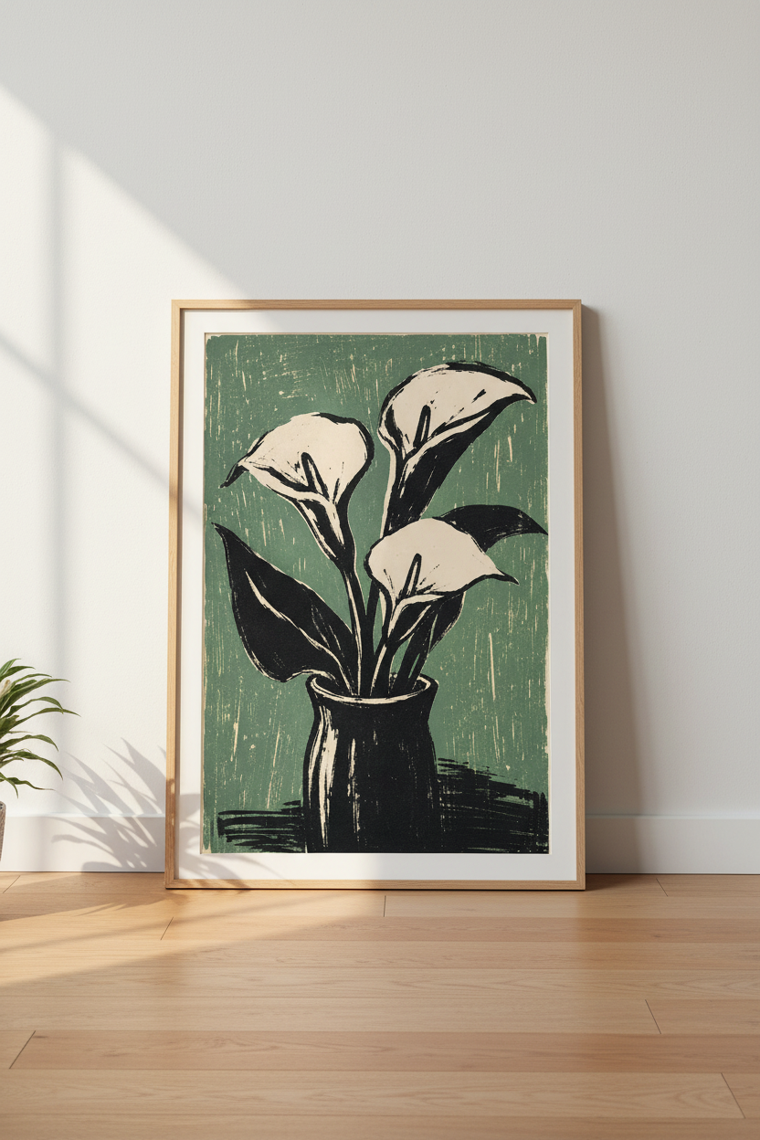Calla Lily Wall Art | Linocut Botanical Print, Living Room Decor | Sage Poster