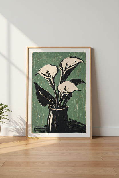 Calla Lily Wall Art | Linocut Botanical Print, Living Room Decor | Sage Poster