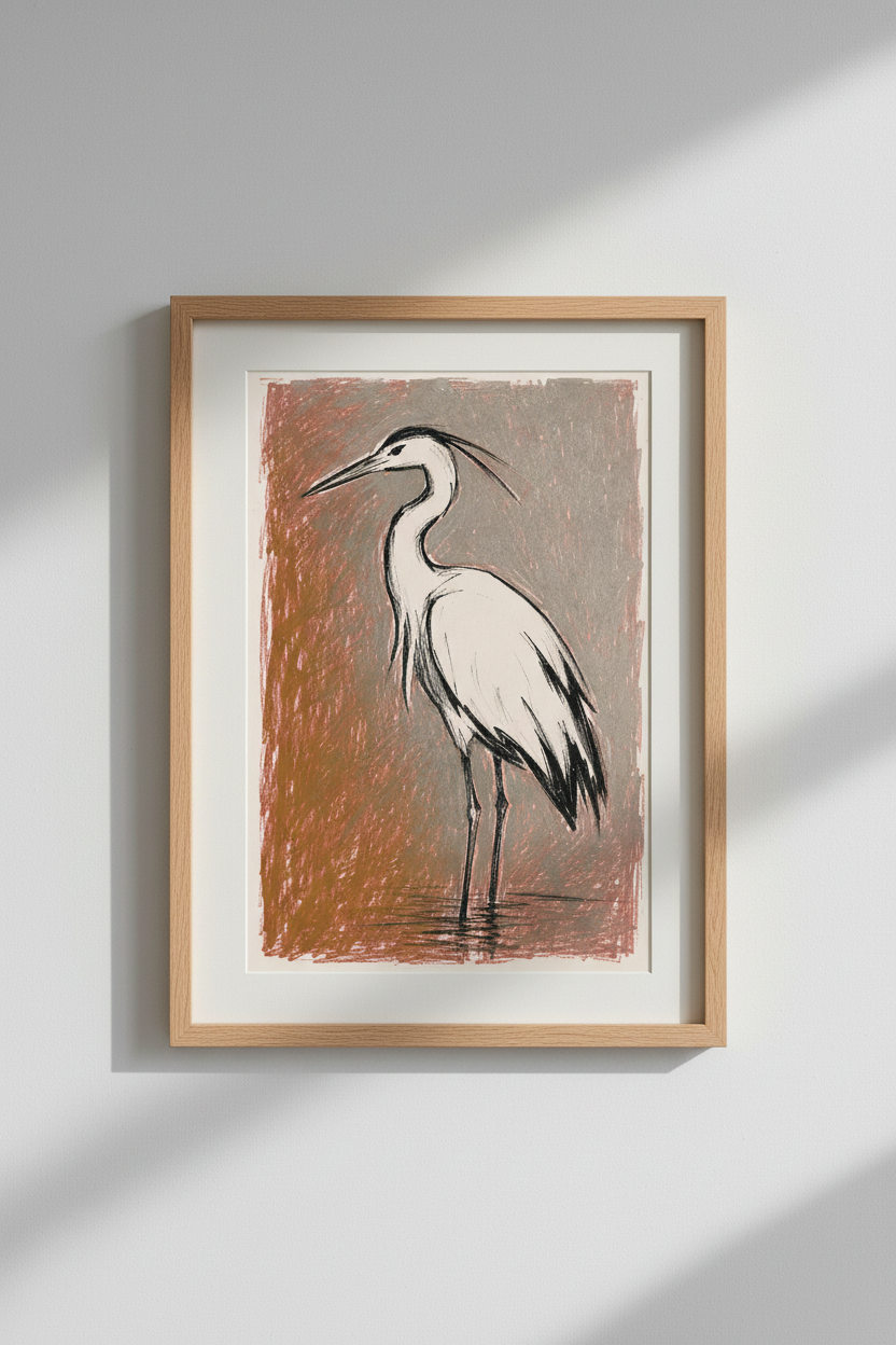 Line drawing bird Heron Wall Art Print | Living Room Decor | Rustic Poster