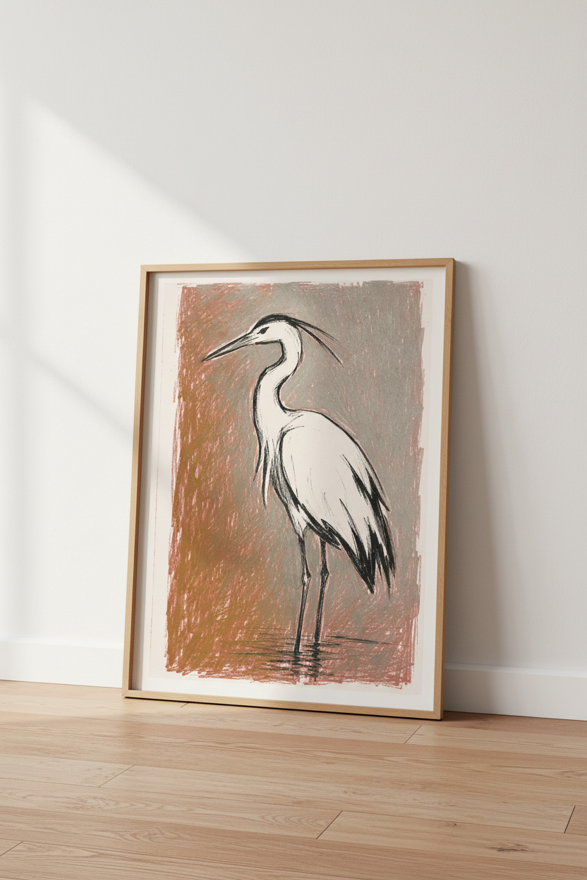 Line drawing bird Heron Wall Art Print | Living Room Decor | Rustic Poster