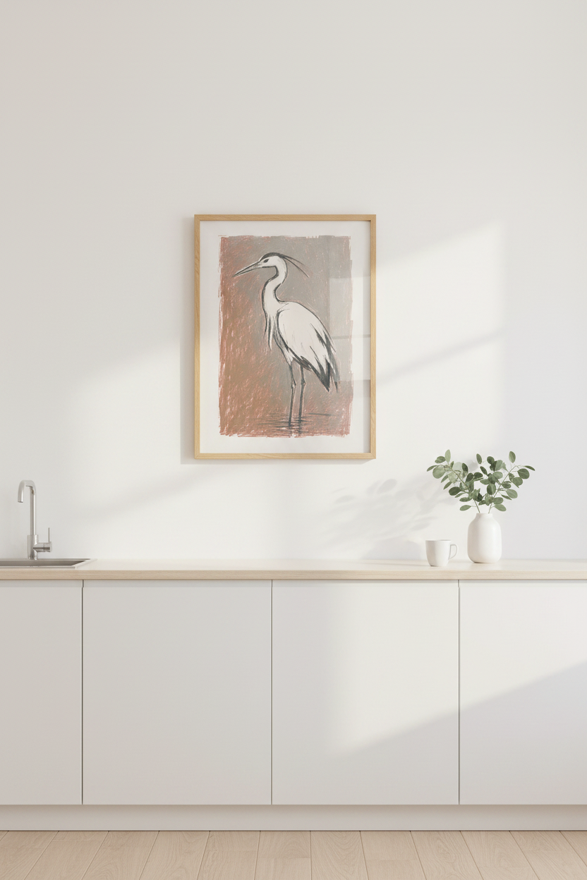 Line drawing bird Heron Wall Art Print | Living Room Decor | Rustic Poster