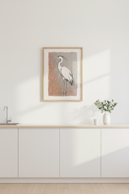 Line drawing bird Heron Wall Art Print | Living Room Decor | Rustic Poster