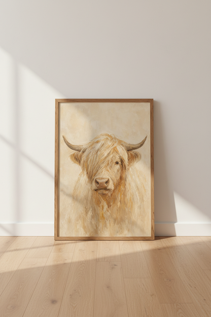 Highland Cow Wall Art | Rustic Cream Farmhouse Decor | Oil Painting Poster