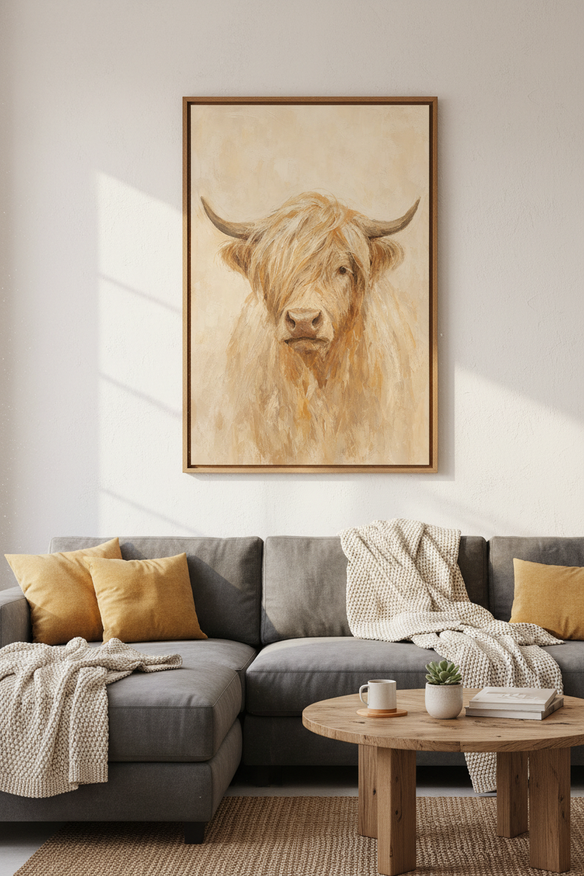 Highland Cow Wall Art | Rustic Cream Farmhouse Decor | Oil Painting Poster