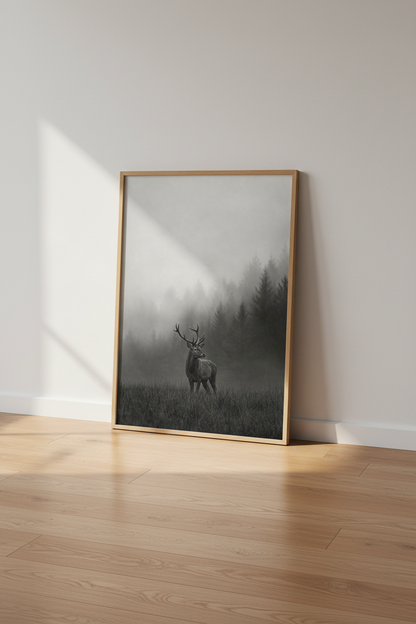 Rustic Deer Wall Art Print | Moody Black &amp; White Forest Poster, Nature Decor