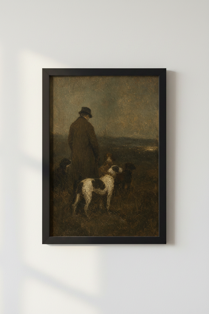 Vintage Hunter &amp; Hounds Oil Painting | Moody Earth Tones, Antique Study Wall Art