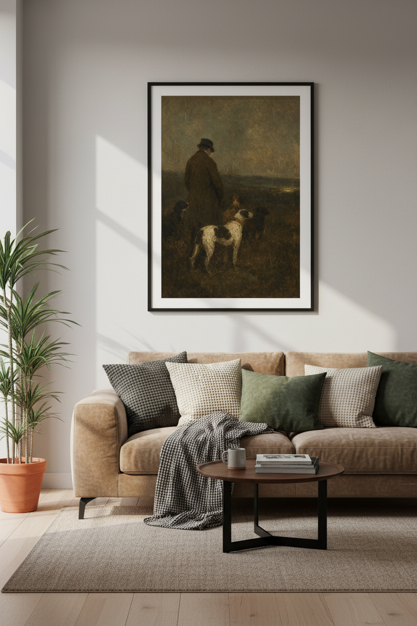 Vintage Hunter &amp; Hounds Oil Painting | Moody Earth Tones, Antique Study Wall Art