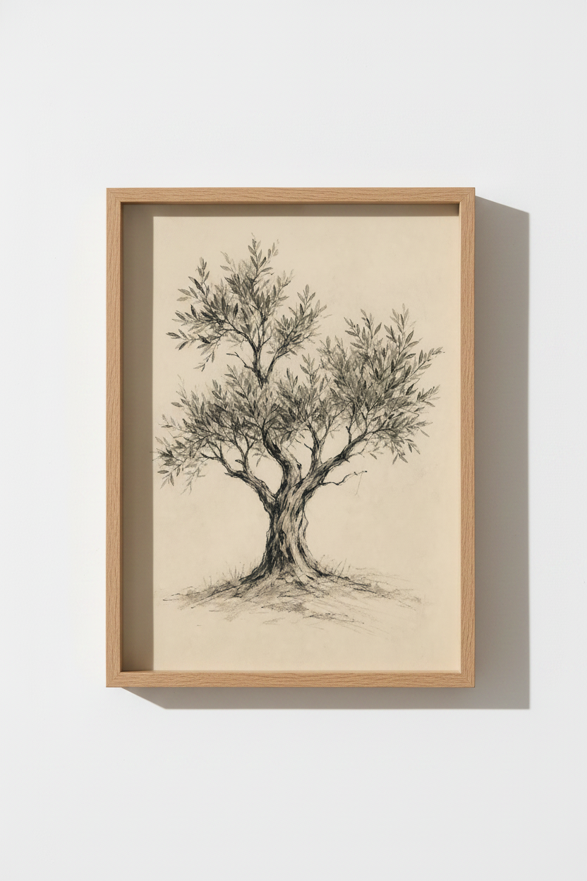 Olive Tree Wall Art | Vintage Ink Drawing, Neutral Tones | Living Room Decor