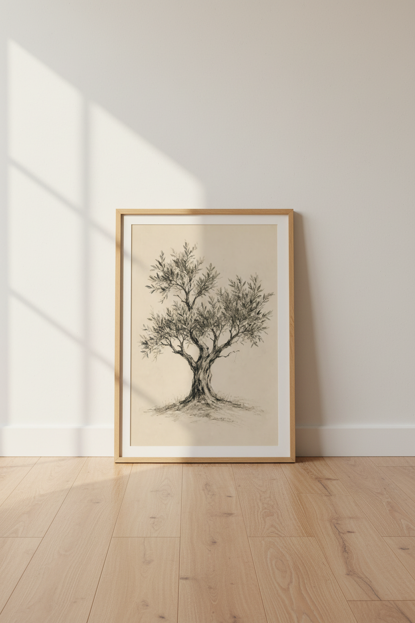 Olive Tree Wall Art | Vintage Ink Drawing, Neutral Tones | Living Room Decor