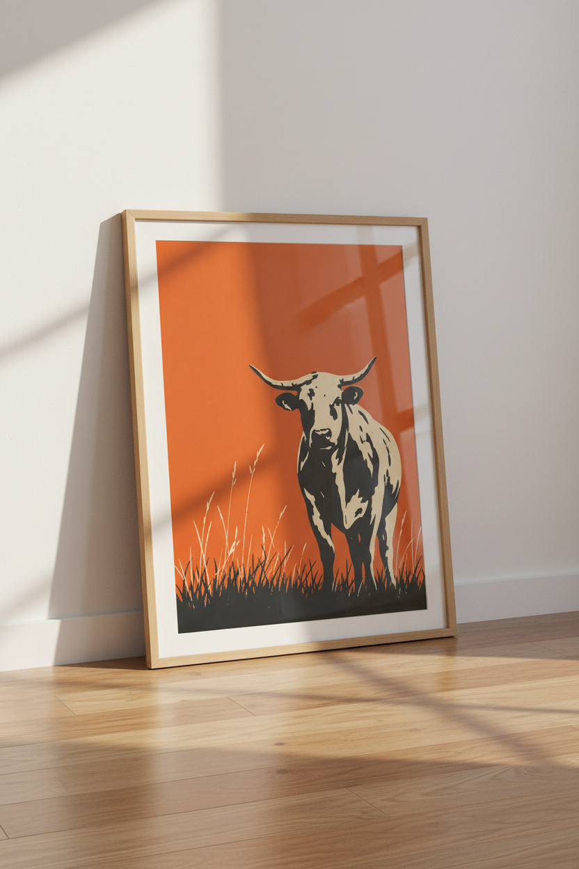 Minimalist Cow Wall Art | Burnt Orange Southwest Print, Rustic Farmhouse Decor