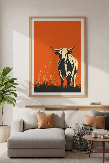 Minimalist Cow Wall Art | Burnt Orange Southwest Print, Rustic Farmhouse Decor