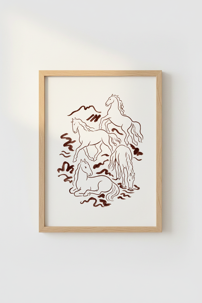 Line Art Horse Print | Minimalist Brown Ink, Equine Wall Decor | Living Room Poster
