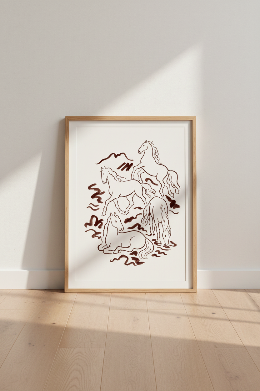 Line Art Horse Print | Minimalist Brown Ink, Equine Wall Decor | Living Room Poster