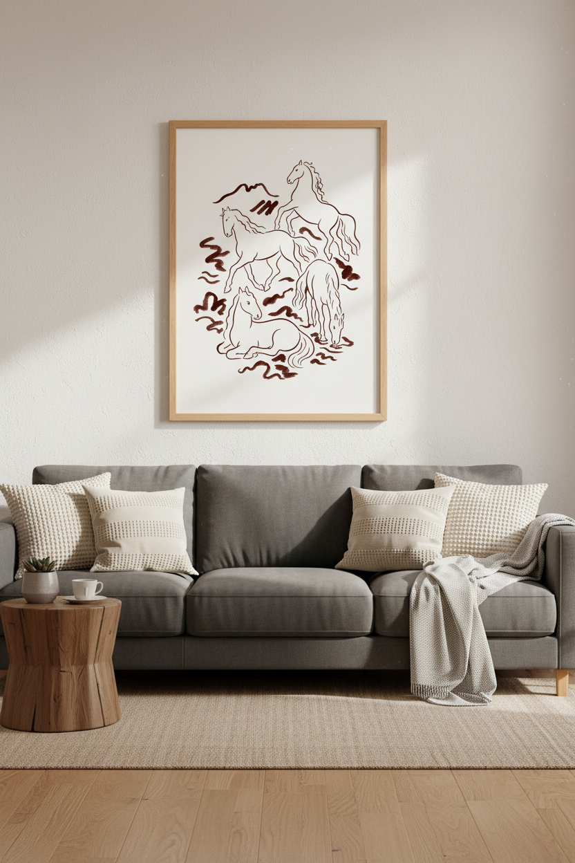 Line Art Horse Print | Minimalist Brown Ink, Equine Wall Decor | Living Room Poster