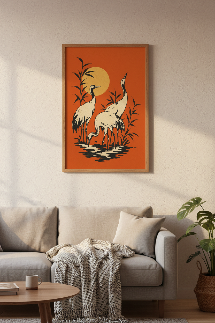 Japanese Crane Wall Art Print | Mid-Century Modern Orange Sunset | Japandi Bird Poster