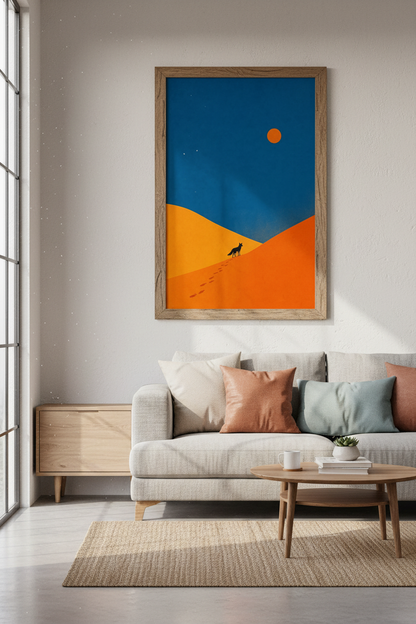 Minimalist Fox Desert Wall Art | Orange &amp; Blue Landscape, Modern Home Decor