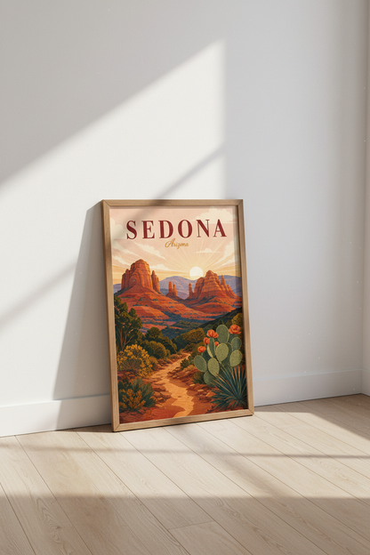Sedona Arizona Retro Travel Poster | Desert Red Rock Sunset | Boho Southwest Wall Decor