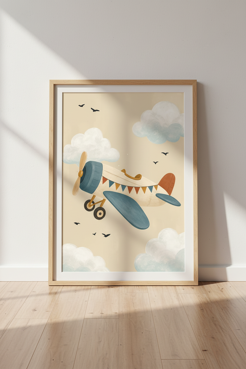 Vintage Airplane Wall Art | Blue &amp; Beige Nursery Decor | Kids Room Poster