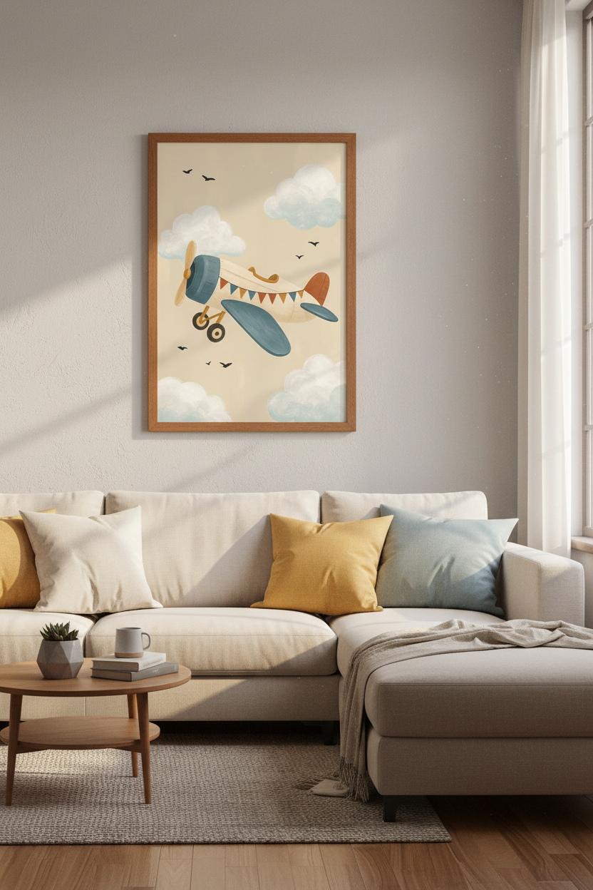 Vintage Airplane Wall Art | Blue &amp; Beige Nursery Decor | Kids Room Poster