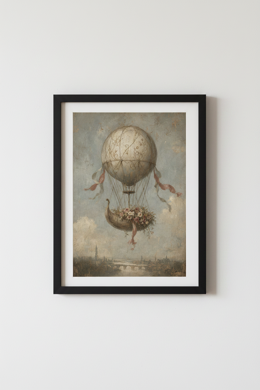 Vintage Hot Air Balloon Art | Floral Nursery Decor | Antique Style Poster