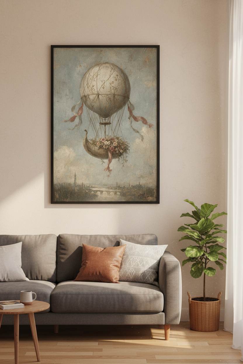 Vintage Hot Air Balloon Art | Floral Nursery Decor | Antique Style Poster